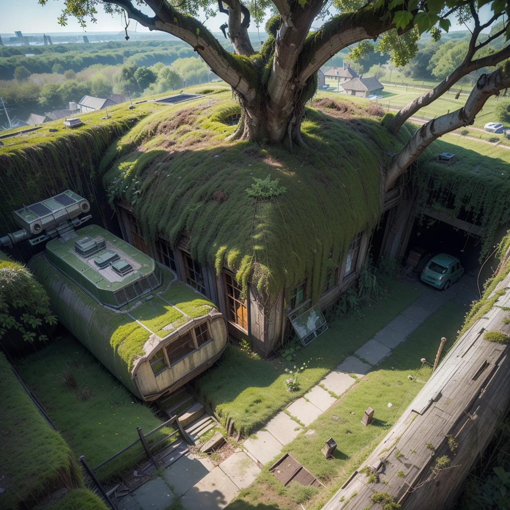 (Numerous award-winning masterpieces, with incredible detail, textures and maximum detail), (hyper realistic:1.4), (realistic:1.3), (best quality real texture skin), ((((Partially rusted hull of a space heavy cruiser Broken and slightly buried in the ground but its full extent is clearly visible)))), (((Some of the powerful power sources are still operational))), (((Covered in moss, tree roots and beautiful plants))), (((Full view))), (bird's-eye view), (Buildings covered with moss and ivy), (Forgotten and abandoned giant space battleships return to nature), (tree roots, ivy plants, beautiful plants crawling on exterior walls), (Eroded by clear water), (Partially collapsed buildings: 0.6)