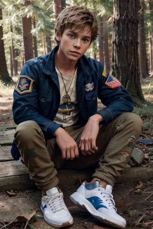 Jeremy Sumpter, Peter Pan, Teen Wolf, 8 , short messy light brown blonde hair, blue eyes, red open military jacket, yellow T-shirt with military print, brown jeans, brown sneakers, fox pendant, white wolf print. forest background fox aura around black color