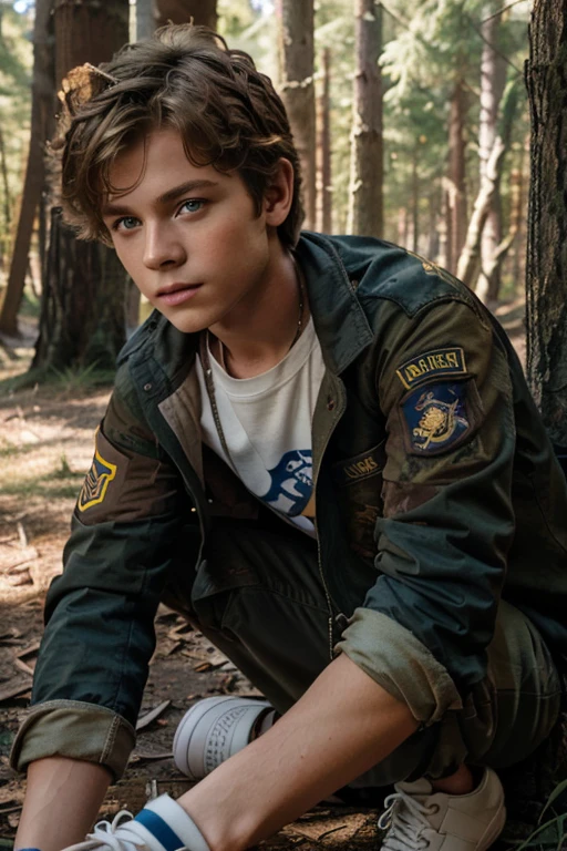 Jeremy Sumpter, Peter Pan, Wolf, 8 yeort messy light brown blonde hair, blue eyes, red open military jacket, yellow T-shirt with military print, brown jeans, brown sneakers, fox pendant, white wolf print. forest background fox aura around black color