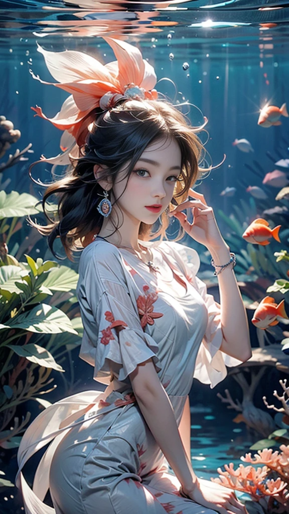 (RAW shooting, 32k:1.5, highest quality, masterpiece, Ultra-high resolution), (deep sea:1.0, Dramatic moonlight:0.7, Mysterious underwater world:1.3, Expressions of sadness:1.0), Side Shot, Fractal Art:1.3, Perfect dynamic composition:1.3, Very detailedな肌と顔の質感:1.2, Dynamic flow of water waves:1.3, Beautiful shell and coral decoration, Surrounded by lots of colorful fish, Rich underwater vegetation, (The subject is being viewed from a distance:1.3, Slim mermaid figure:1.0, Shimmering Scales, Mermaid tail:0.5), elegant and sophisticated, Fair skin, Incredibly slim body:0.8, Very beautiful face, Water droplets on the skin, Very accurate, Very detailed, Gorgeous blue shiny mermaid dress portrait:0.8, Big eyes that exude beauty, Beautiful big lips,, Unreal atmosphere, necklace, Earrings, bracelet