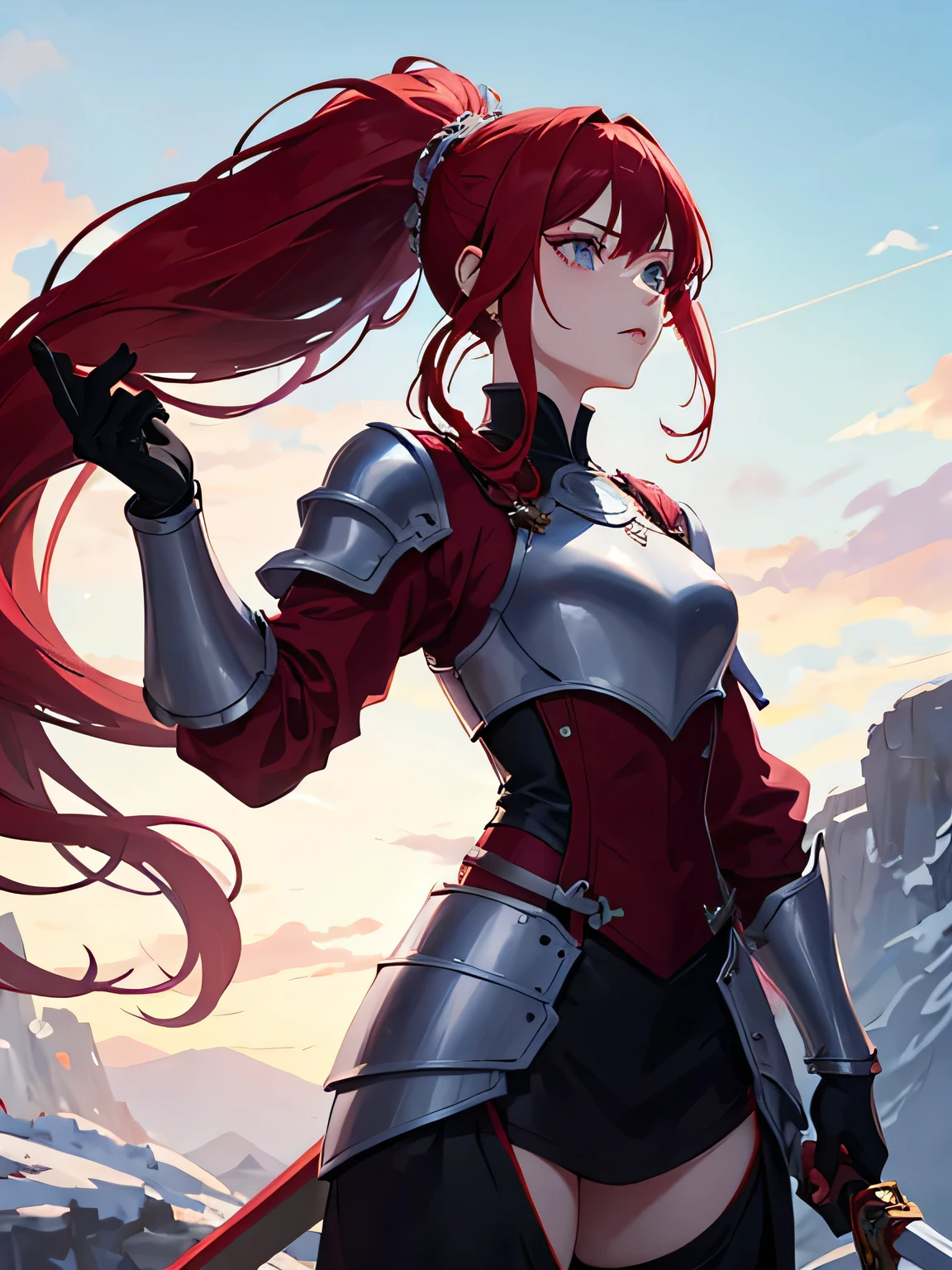 young woman, ponytail, red hair with purple shade, long hair, light blue armor, sword
