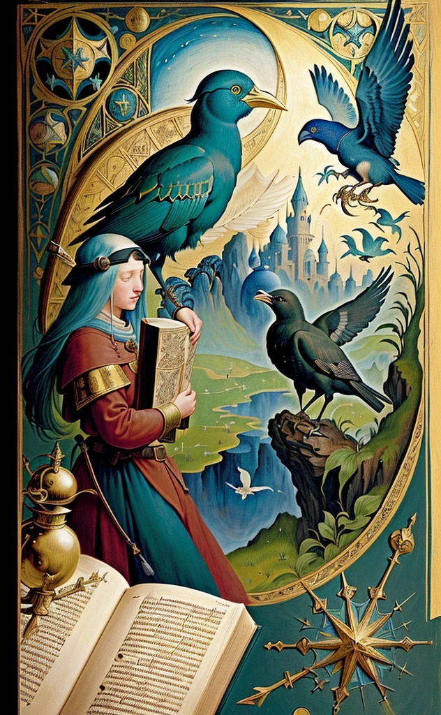 there are a lot of birds around the book, science fantasy painting, fantasy book illustration, high fantasy illustration, Hieronymus Bosch style, Hieronymus Bosch style, Hieronymus Bosch and Moebius, Illustration of a medieval manuscript, Bosch's heir, Alchemical, Medieval Futurism, Medieval illumination, Medieval Book Illustration, Medieval illustration, Alchemical equipment, Jean Fouquet