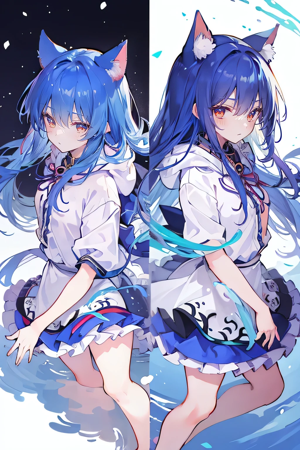 (masterpiece:1.2),Super detailed,lifelike,Expressive eyes,fair skin,perfect face shape,1 girl,
Japanese comics,Gorgeous blue hair,flowing blue hair,flowing clothes,Cat ears,Petals fall,beautiful lola,Baby Angel,
Shaking head with one hand,Cross your legs,Gentle and peaceful background,The pavilion is cool and comfortable,smile, wearing hoodie, background of tokyo,back views,snowing, winter,lie on the water.