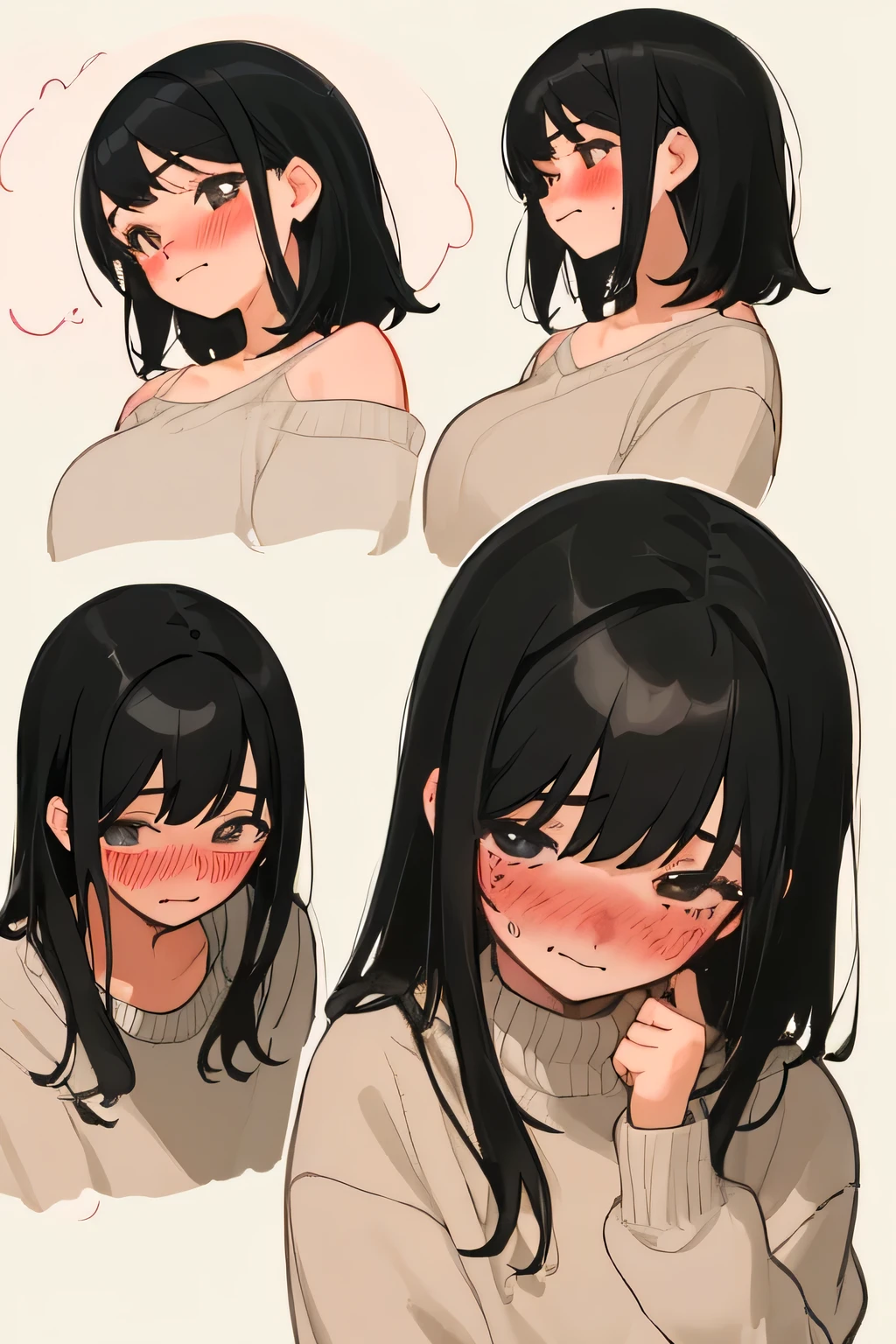 An illustration,girl,Blushing,Black Hair