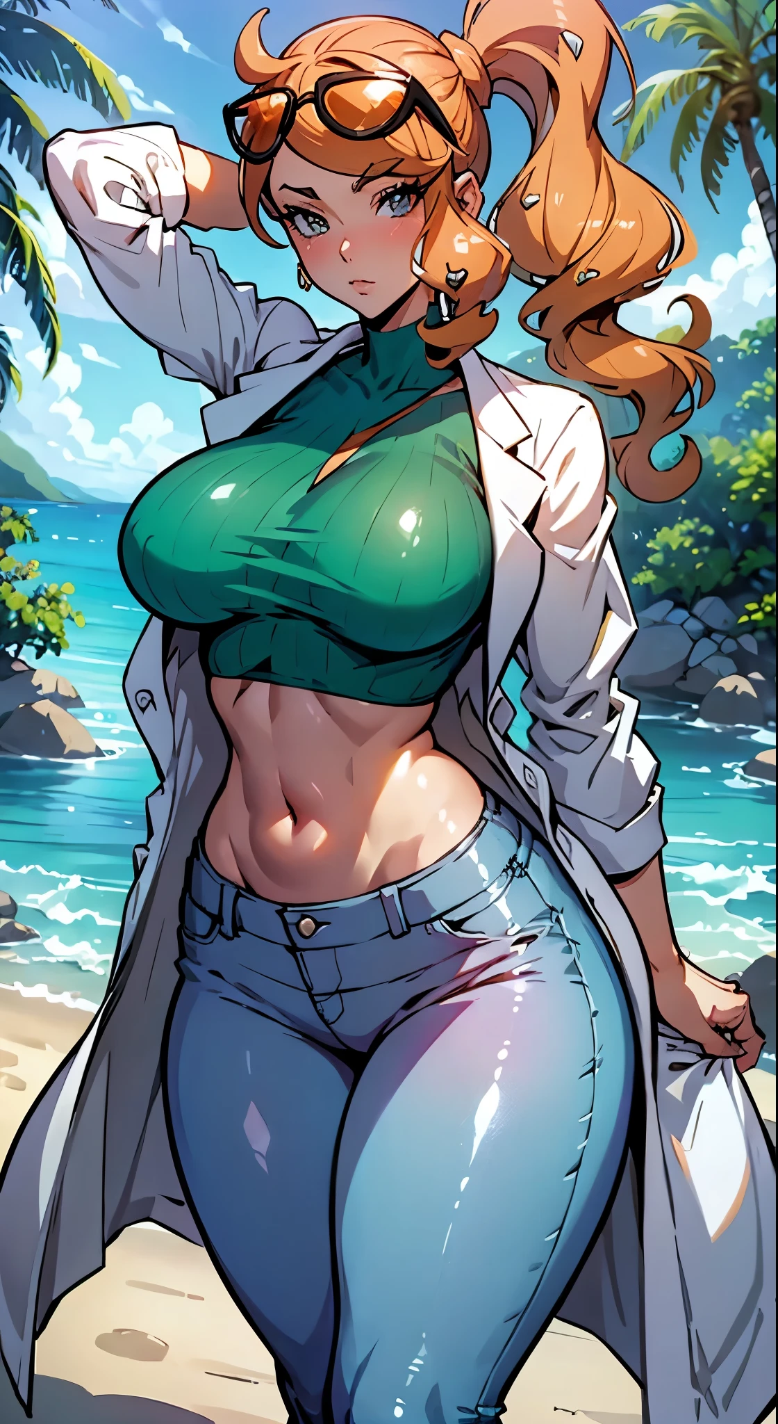 woman with large breasts, sexy body, Sonia from pokemon, ((cutesexyrobutts)), artgerm and lois van baarle, style artgerm, high quality fanart, unparalleled masterpiece, crop top, tight pants, ((lab coat)), arms behind head, ultra realistic 8k CG, perfect artwork, (1girl:1.1), solo, looking at viewer, (teasing), best quality:1.1 , seductive posture, sexy pose, alluring, (beautiful), earrings, jewelry, (shiny skin:1.2), (hdr), (tropical paradise:1.2), Nikon D850 film stock photograph Kodak Portra 400 camera f1.6 lens, rich colors, lifelike texture, dramatic lighting, unreal engine, trending on ArtStation