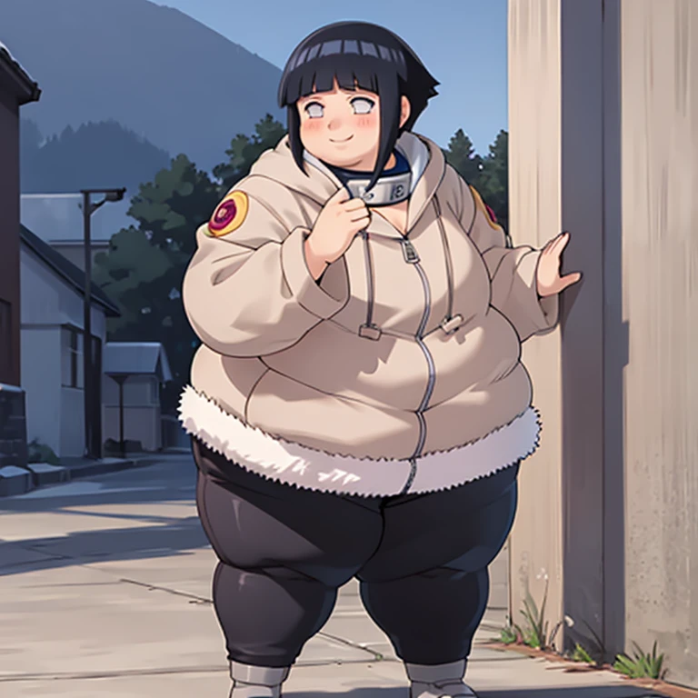 standing, shy, smile, blush, solo, 1girl, obese hyuuga hinata, thick thighs, perfect body, black hair, short hair, white eyes, no pupils, small breats, black pants, jacket, hands in cheeks, ultra detailed, masterpiece, best quality, aesthetic, detailed