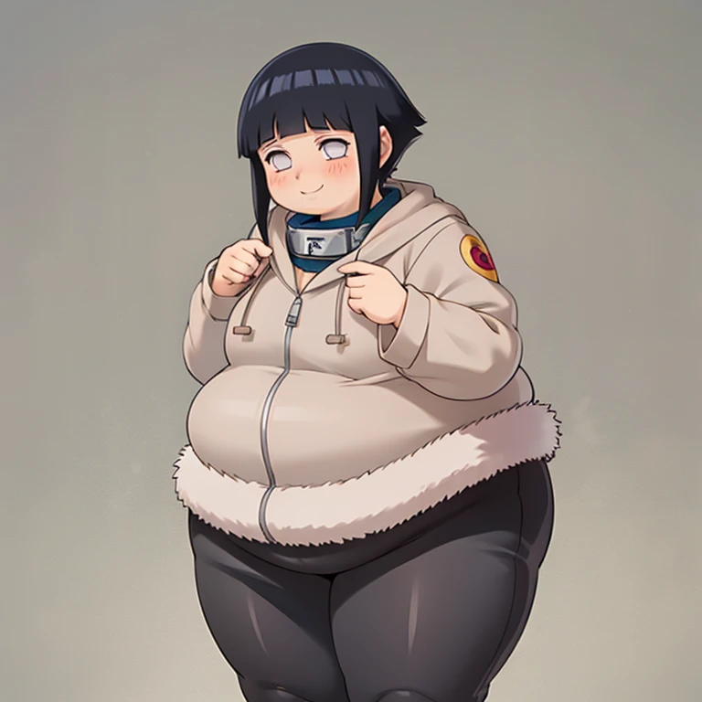 standing, shy, smile, blush, solo, 1girl, obese hyuuga hinata, thick thighs, perfect body, black hair, short hair, white eyes, no pupils, small breats, black pants, jacket, hands in cheeks, ultra detailed, masterpiece, best quality, aesthetic, detailed