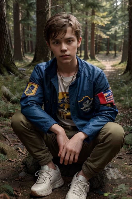 Asa Butterfield, Moldred, Teen Wolf, 8 , short messy light brown blonde hair, blue eyes, red open military jacket, yellow T-shirt with military print, brown jeans, brown sneakers, fox pendant, white wolf print. forest background fox aura around black color