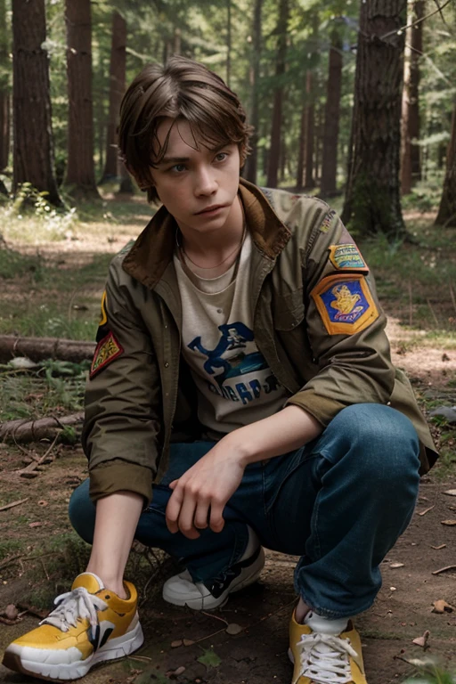 Jeremy Sumpter, Peter Pan, Teen Wolf, 13 years old, short messy light brown blonde hair, blue eyes, red open military jacket, yellow T-shirt with military print, brown jeans, brown sneakers, fox pendant, white wolf print. forest background fox aura around black color