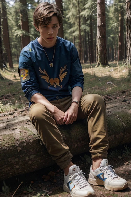 Asa Butterfield, Moldred,  Wolf, 8 yeort messy light brown blonde hair, blue eyes, red open military jacket, yellow T-shirt with military print, brown jeans, brown sneakers, fox pendant, white wolf print. forest background fox aura around black color