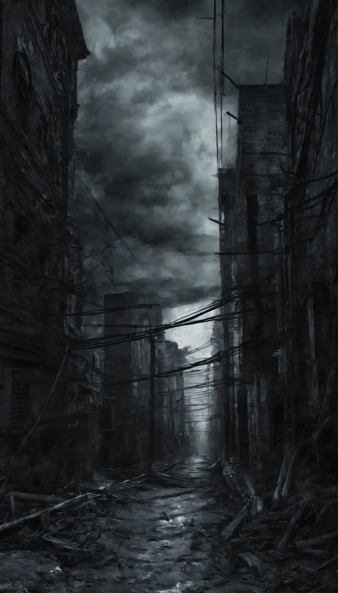 ((masterpiece,highest quality)), Nobody, From below, null, cloud, building, cloudy null, Power lines, cityscape, scenery,  city, night
