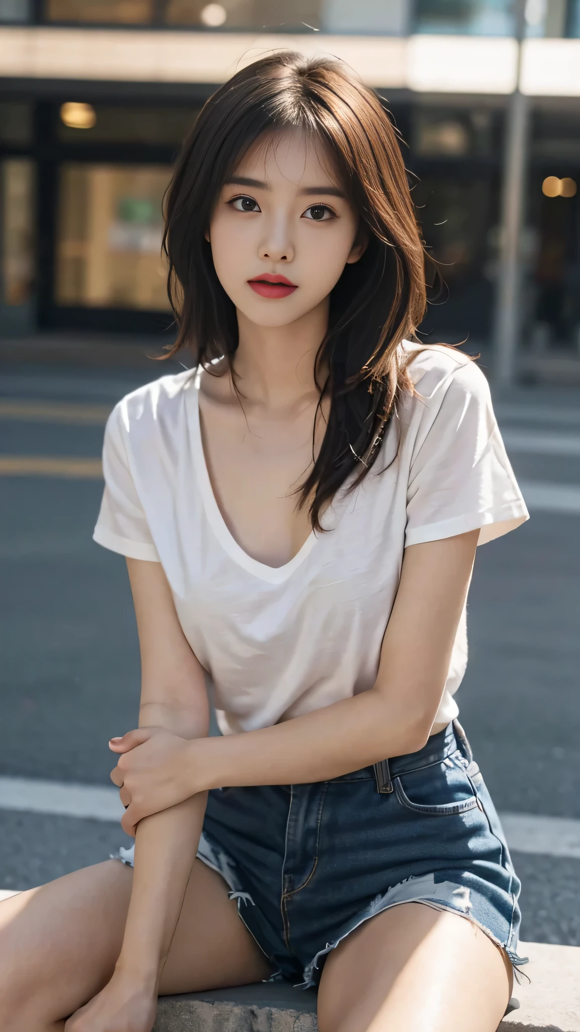 masterpiece, top-quality, 1 beautiful girl, (Detailed beautiful eyes), ((Detailed skin)) , ((Detailed medium hair)), A beautiful girl, colorfull, RAW photos, Camera angle behind, sitting, CG rendering, Blurred background, deep shadow, 16K, bokered, Very detailed, wallpaper, depth of field, movie light, Ray tracing.