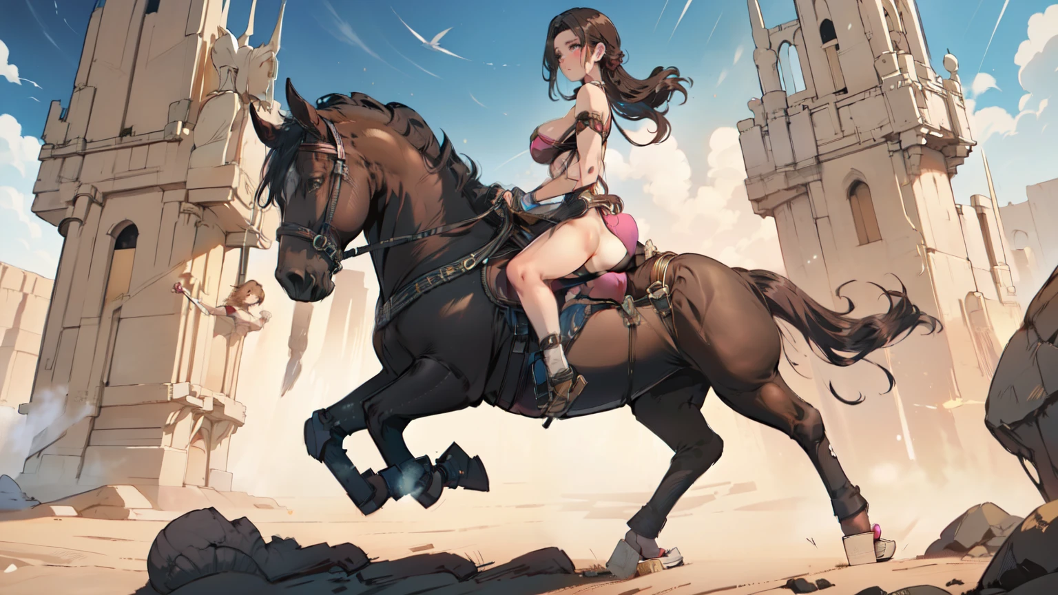 ((best quality)), ((anime masterpiece)), (high detailed), 8k, cinematic lighting, perfect face, large breast, cleavage, female dancer riding a BROWN HORSE, (pink dancer outfit, sandals), (brown horse, saddle, reins, bridle, stirups), solo, both hand holding rein, fantasy setting, on the desert, ((from side: 1.5)), anatomically correct