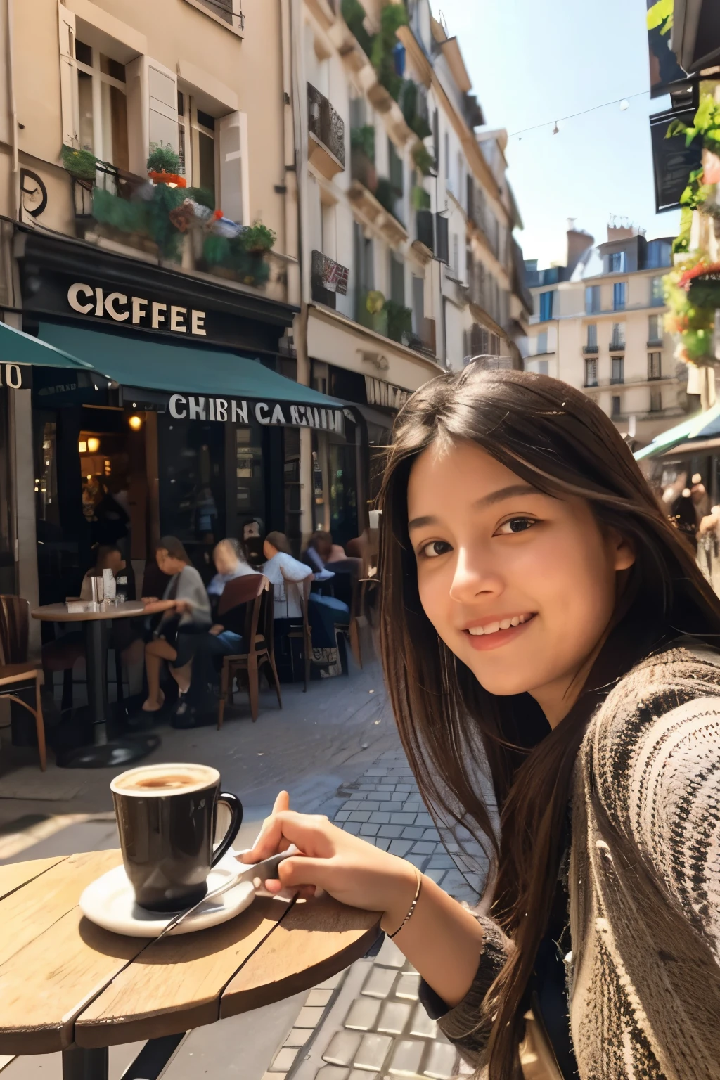 Mood photo for advertising, a 16 yo girl sitting at table outside of sidewalk cafe, frontal shot of exterior, Close-up, besides cobblestone pavement, in paris, enjoying cup of coffee, morning sunshine from window, photorealistic, selfie 