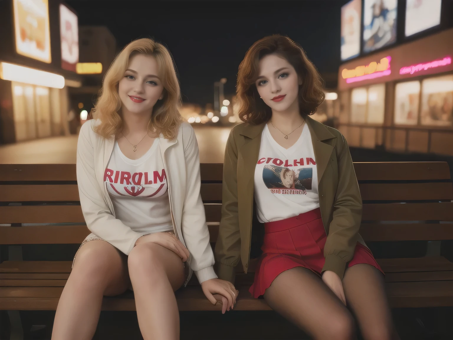 full body shot, two Beautiful Bosnian pale girls, big smiles, lolalove, one girl blonde Madonna style 80s hair, one girl short brown Madonna style 80s hair, red lipstick, Madonna style jacket, v-neck tshirt, t-shirt, sitting on bench at 80s roller rink, college skirt, neon lights, canon 18 mm, night, realistic portrait, highly detailed, analog style, deep cleavage, huge DD milky natural tits, tan clear pantyhose