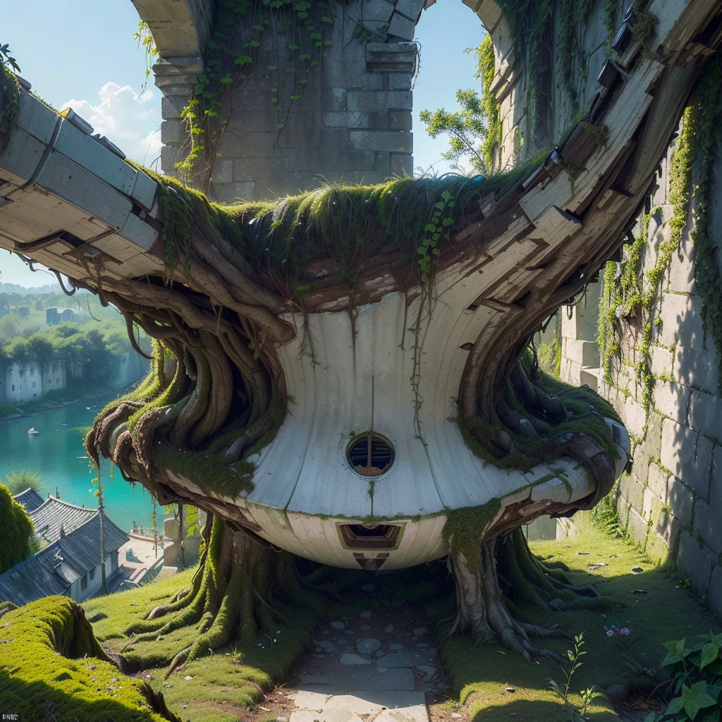 (Numerous award-winning masterpieces, with incredible detail, textures and maximum detail), (hyper realistic:1.4), (realistic:1.3), (best quality real texture skin), ((((Half of the crashed and decaying giant spaceship is covered with moss, tree roots and plants, and part of the power source is still alive))), ((((A medieval European-style stone ruin city built as a parasite on the outer wall of a spaceship))), (((Full view))), (Stone town covered with moss and ivy), (Abandoned spaceships and stone towns returning to nature), (tree roots, ivy plants, beautiful plants crawling on exterior walls), (Eroded by clear water), (Partially collapsed buildings: 0.6)