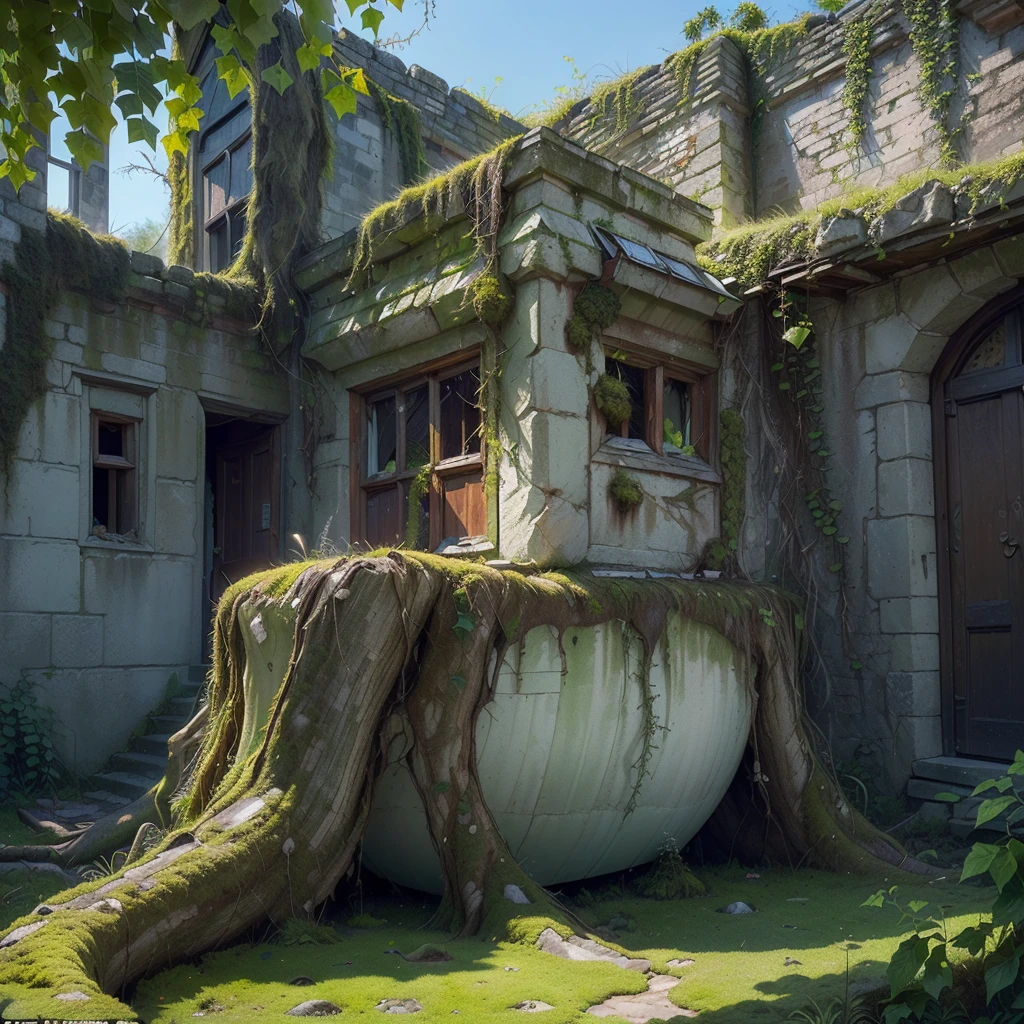 (Numerous award-winning masterpieces, with incredible detail, textures and maximum detail), (hyper realistic:1.4), (realistic:1.3), (best quality real texture skin), ((((Half of the crashed and decaying giant spaceship is covered with moss, tree roots and plants, and part of the power source is still alive))), ((((A medieval European-style stone ruin city built as a parasite on the outer wall of a spaceship))), (((Full view))), (Stone town covered with moss and ivy), (Abandoned spaceships and stone towns returning to nature), (tree roots, ivy plants, beautiful plants crawling on exterior walls), (Eroded by clear water), (Partially collapsed buildings: 0.6)