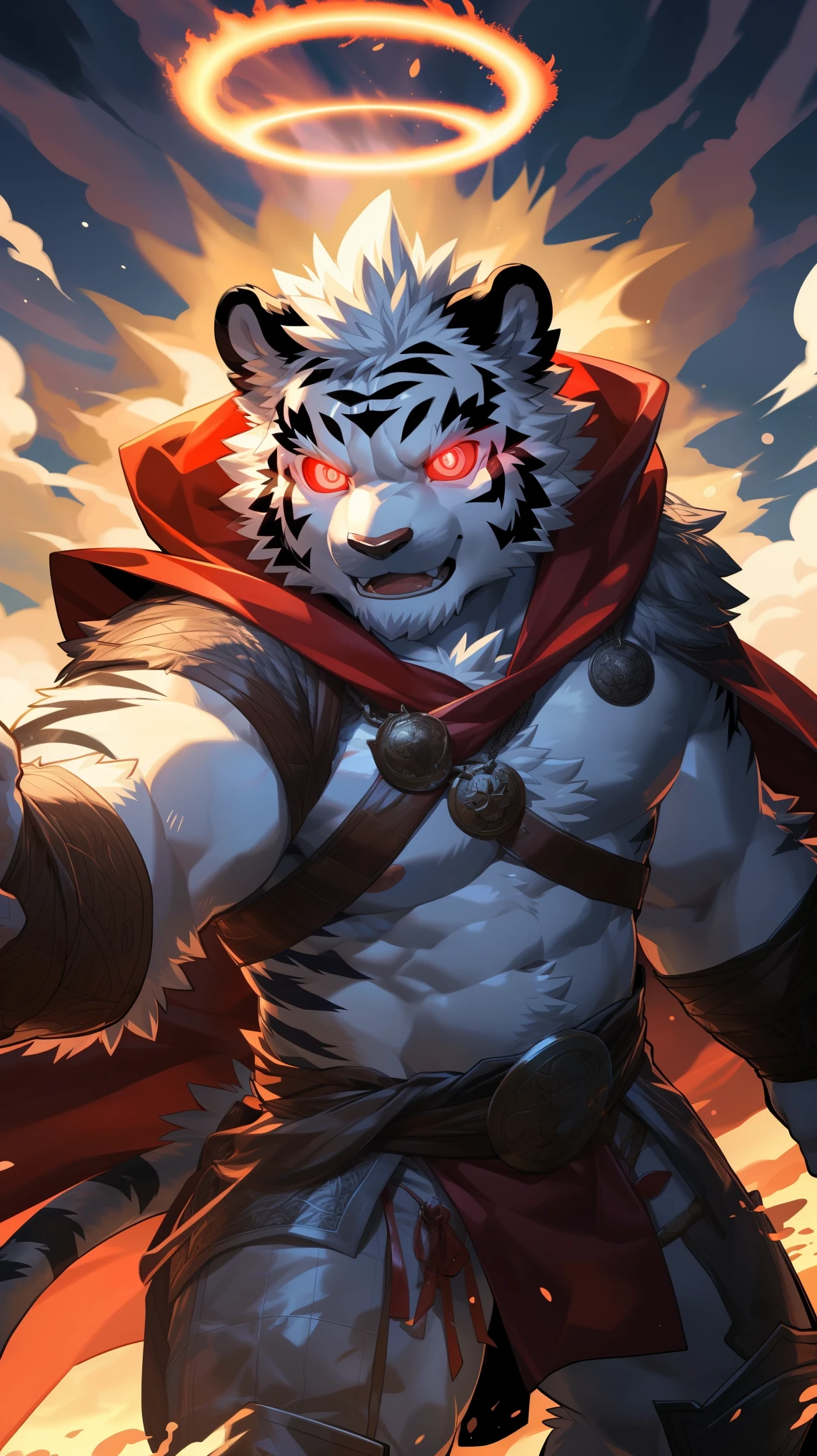 (Dynamic poses:1.6), (ultra deTailed), Clear focus, Niji, Eye contact, (glowing red eyes:1.4), hairy, (White fur:1.3), White beard, anthropology (Tiger), male, middle aged, White belly, Tail, muscular, (knight clothing, Cherry red long cape), ultra deTailed face, high deTails, high quality, (best quality, 4k, 8K, High resolution, masterpiece:1.2), Bright colors, (close up:1.5), author：Takemoto Arashi, By Camille, From milkytiger1145, by 69panda, Dark Souls boss style, Energy explodes around the body, (Red Halo:1.3), Bloodstained, Dynamic Lighting, Ominous atmosphere, Eerie fog, The existence of threats, Full of horror atmosphere, Dark and Tortured Souls, (enchanted deTail of colors), 8K wallpaper, yang08K, Looking at the audience with fierce eyes
