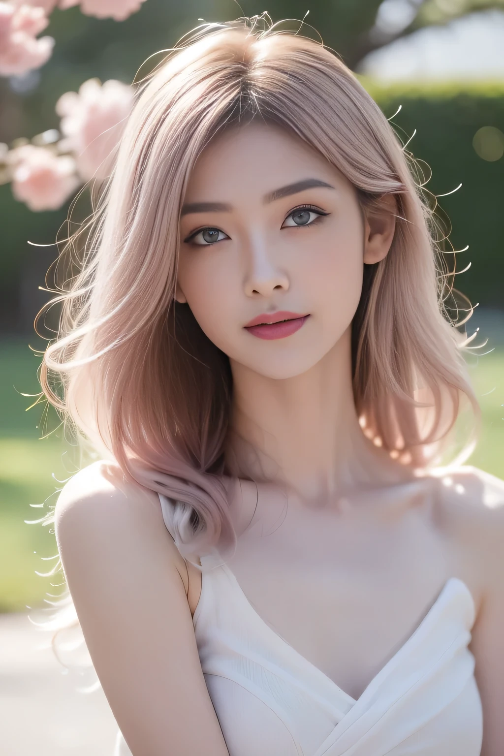 hair bobbles, wince, longeyelashes, solid circle eyes, light smile, ear blush, fang, ccurate, Surrealism, drop shadow, anaglyph, stereogram, tachi-e, pov, atmospheric perspective, 8k, super detail, best quality, award winning, super detail, anatomically correct, UHD, retina, masterpiece, textured skin, high details, best quality, highres, high quality, accurate,(1 girl:1.3), Solitary, (((Very rich facial details))),((Very detailed eyes and face))),(Full body portrait:1.5)Light pink hair, pink eyes, pink and white, Sakura Leaves, Vibrant colors, White Dress, Paint splatter, Simple background, Ray tracing, curls