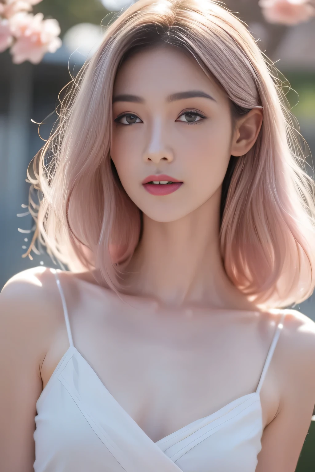 hair bobbles, wince, longeyelashes, solid circle eyes, light smile, ear blush, fang, ccurate, Surrealism, drop shadow, anaglyph, stereogram, tachi-e, pov, atmospheric perspective, 8k, super detail, best quality, award winning, super detail, anatomically correct, UHD, retina, masterpiece, textured skin, high details, best quality, highres, high quality, accurate,(1 girl:1.3), Solitary, (((Very rich facial details))),((Very detailed eyes and face))),(Full body portrait:1.5)Light pink hair, pink eyes, pink and white, Sakura Leaves, Vibrant colors, White Dress, Paint splatter, Simple background, Ray tracing, curls