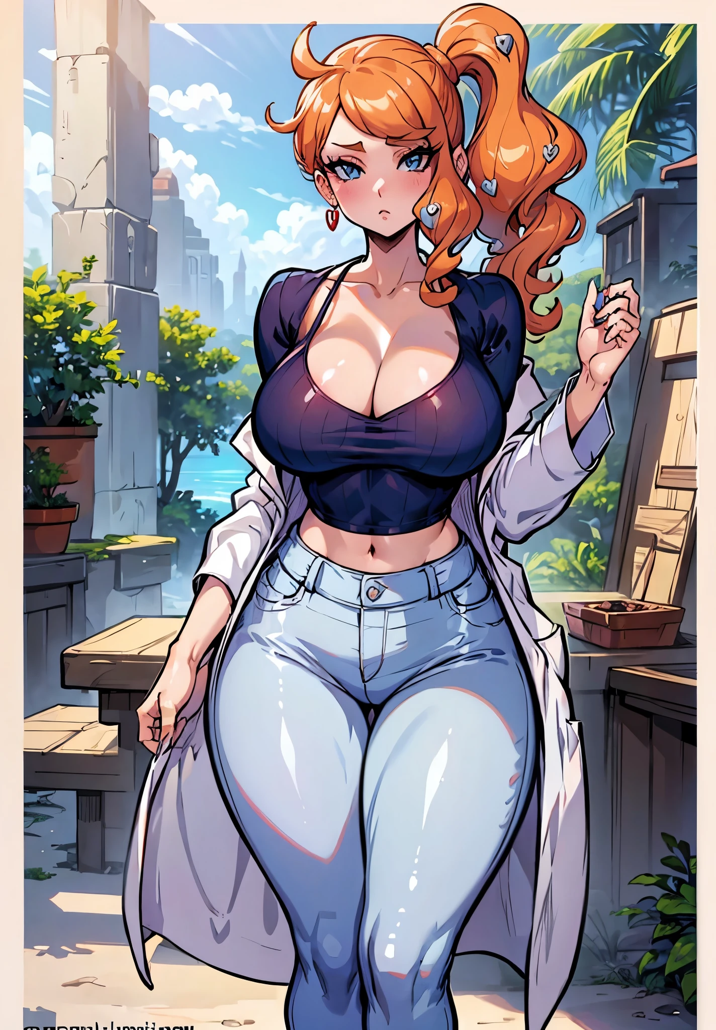 woman with large breasts, sexy body, cleavage, ((camisole)), Sonia from pokemon, ((cutesexyrobutts)), artgerm and lois van baarle, style artgerm, high quality fanart, unparalleled masterpiece, crop top, tight pants, ((lab coat)), ultra realistic 8k CG, perfect artwork, (1girl:1.1), solo, (teasing), best quality:1.1 , (beautiful), earrings, jewelry, (shiny skin:1.2), (hdr), (tropical paradise:1.2), trending on ArtStation