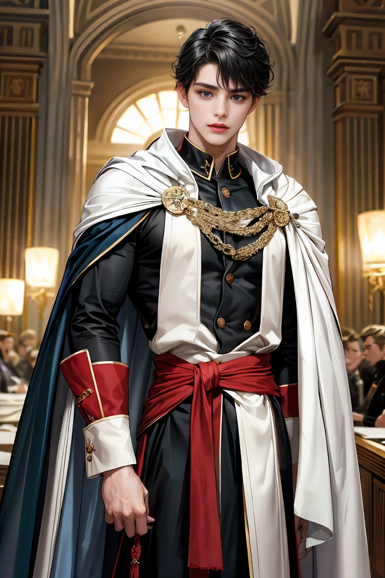 masterpiece, 最high quality, high quality, 1 boy, alone, Male focus, Watching the audience, Messy black hair, Adorable big blue eyes, White, Noble, Noble,Sexy voluminous cape、A very voluminous, large, very large, very large, long, long red and black cape with a high stand-up collar, reaching down to the floor, made of a lot of fabric., 17 years old,Cute beautiful boys,Cute, cute, kind, handsome guy