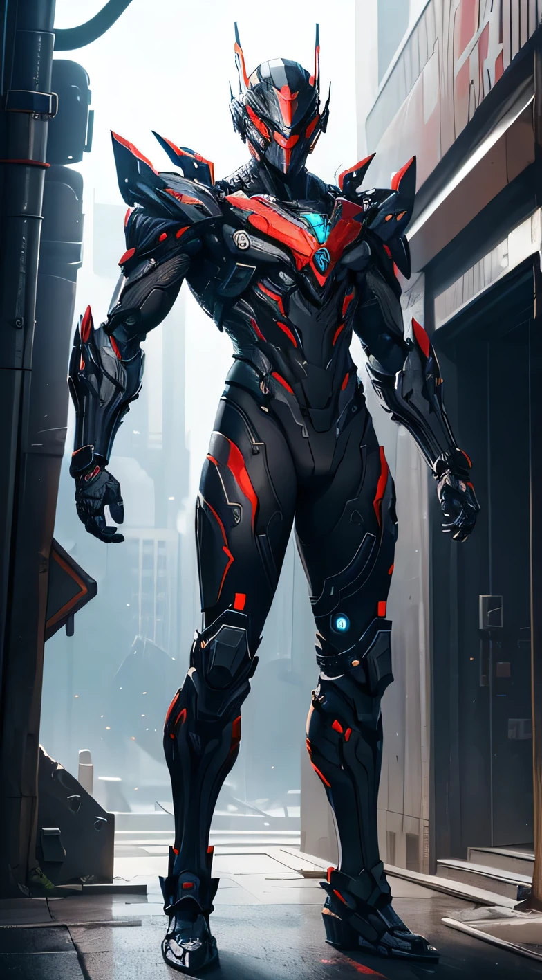 wearing a mechanical suit, Mechanical wonder, Cyberpunk, Cybernetic Guardian, futuristic armor, full body, front pose, symmetry, intricate (steel metal [red]), joints, warframe style, cyborg, male body and armor, Chainsaw Man