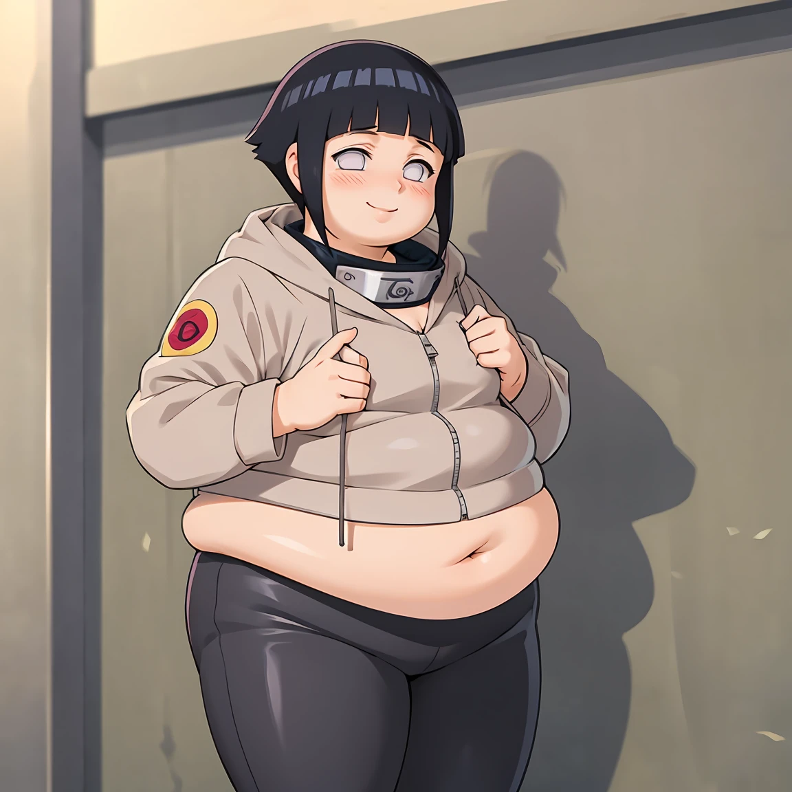 standing, shy, smile, blush, solo, 1girl, obese hyuuga hinata, thick thighs, perfect body, black hair, short hair, white eyes, no pupils, small breats, black pants, jacket, hands in cheeks, ultra detailed, masterpiece, best quality, aesthetic, detailed