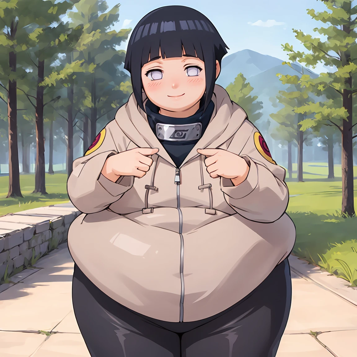 standing, shy, smile, blush, solo, 1girl, obese hyuuga hinata, thick thighs, perfect body, black hair, short hair, white eyes, no pupils, small breats, black pants, jacket, hands in cheeks, ultra detailed, masterpiece, best quality, aesthetic, detailed