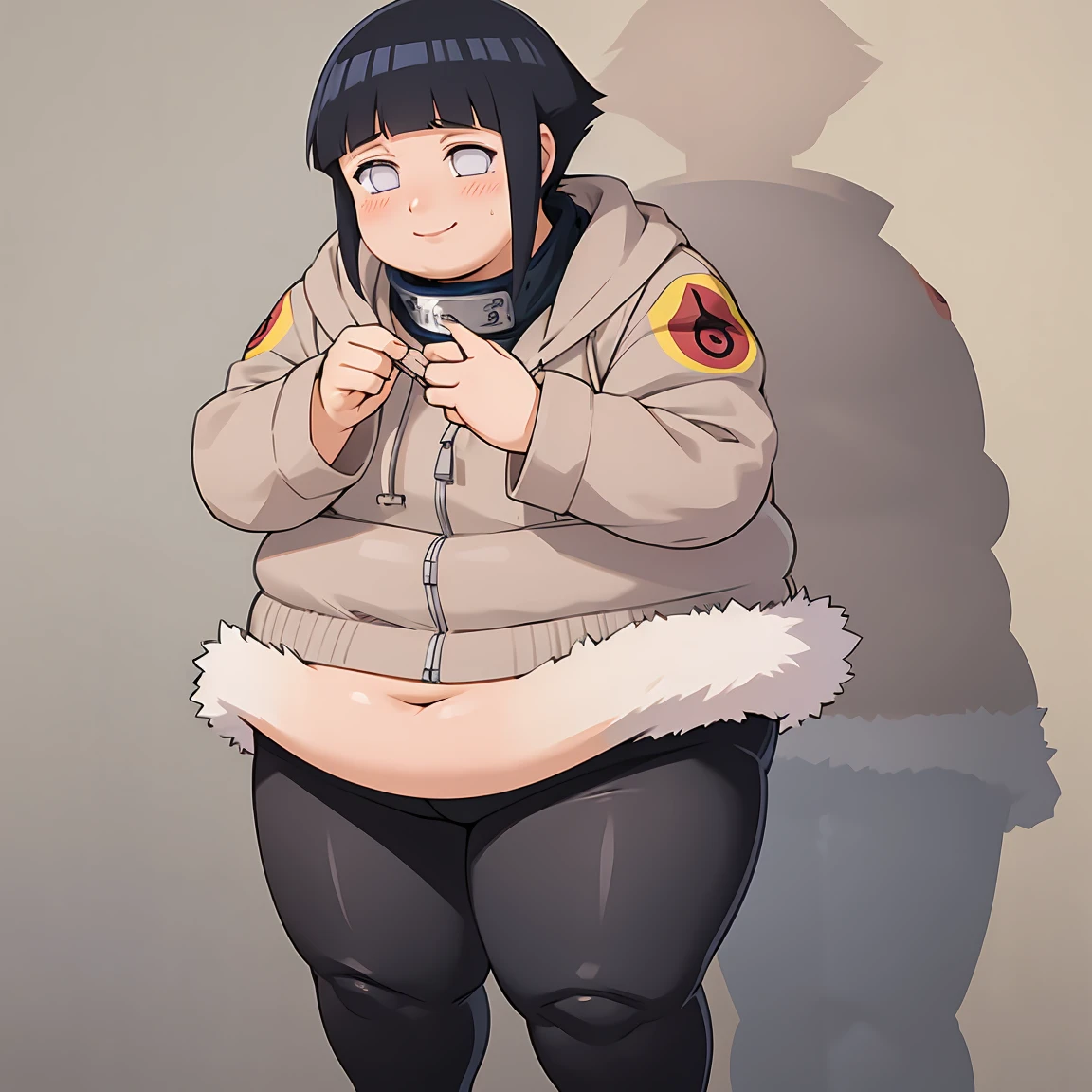 standing, shy, smile, blush, solo, 1girl, obese hyuuga hinata, thick thighs, perfect body, black hair, short hair, white eyes, no pupils, small breats, black pants, jacket, hands in cheeks, ultra detailed, masterpiece, best quality, aesthetic, detailed