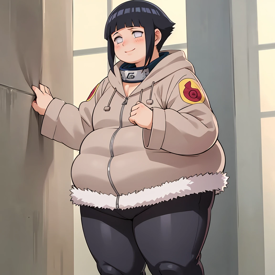 standing, shy, smile, blush, solo, 1girl, obese hyuuga hinata, thick thighs, perfect body, black hair, short hair, white eyes, no pupils, small breats, black pants, jacket, hands in cheeks, ultra detailed, masterpiece, best quality, aesthetic, detailed