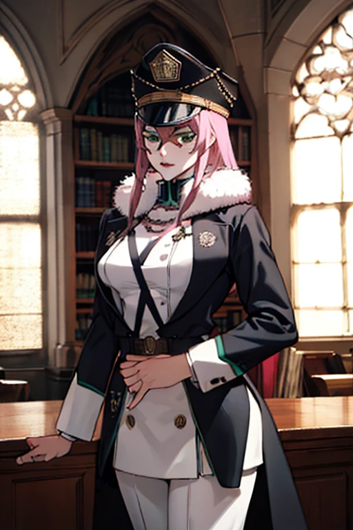 masterpiece, ((ultra detailed background, delicate pattern, intricate detail)), (highly detailed, fine details), best quality, ((medium breasts, slim girl)), Princia, 1girl, solo, long hair, military hat, cap, fur trim, black suit, green eyes, ((pink hair)), peaked cap, (complex detailed background, complex detailed background, inside, castle room environment, medieval castle, gray walls, window, bookshelf),  ((cowboy shot)), 