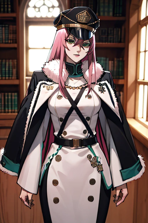 masterpiece, ((ultra detailed background, delicate pattern, intricate detail)), (highly detailed, fine details), best quality, ((medium breasts, slim girl)), Princia, 1girl, solo, long hair, military hat, cap, fur trim, black suit, green eyes, ((pink hair)), peaked cap, (complex detailed background, complex detailed background, inside, castle room environment, medieval castle, gray walls, window, bookshelf),  ((cowboy shot)), 