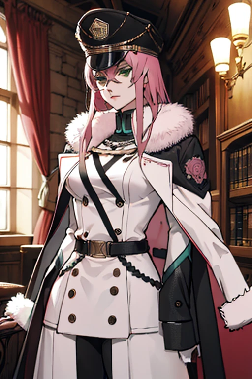 masterpiece, ((ultra detailed background, delicate pattern, intricate detail)), (highly detailed, fine details), best quality, ((medium breasts, slim girl)), Princia, 1girl, solo, long hair, military hat, cap, fur trim, black suit, green eyes, ((pink hair)), peaked cap, (complex detailed background, complex detailed background, inside, castle room environment, medieval castle, gray walls, window, bookshelf),  ((cowboy shot)), 