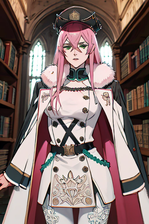 masterpiece, ((ultra detailed background, delicate pattern, intricate detail)), (highly detailed, fine details), best quality, ((medium breasts, slim girl)), Princia, 1girl, solo, long hair, military hat, cap, fur trim, black suit, green eyes, ((pink hair)), peaked cap, (complex detailed background, complex detailed background, inside, castle room environment, medieval castle, gray walls, window, bookshelf),  ((cowboy shot)), 