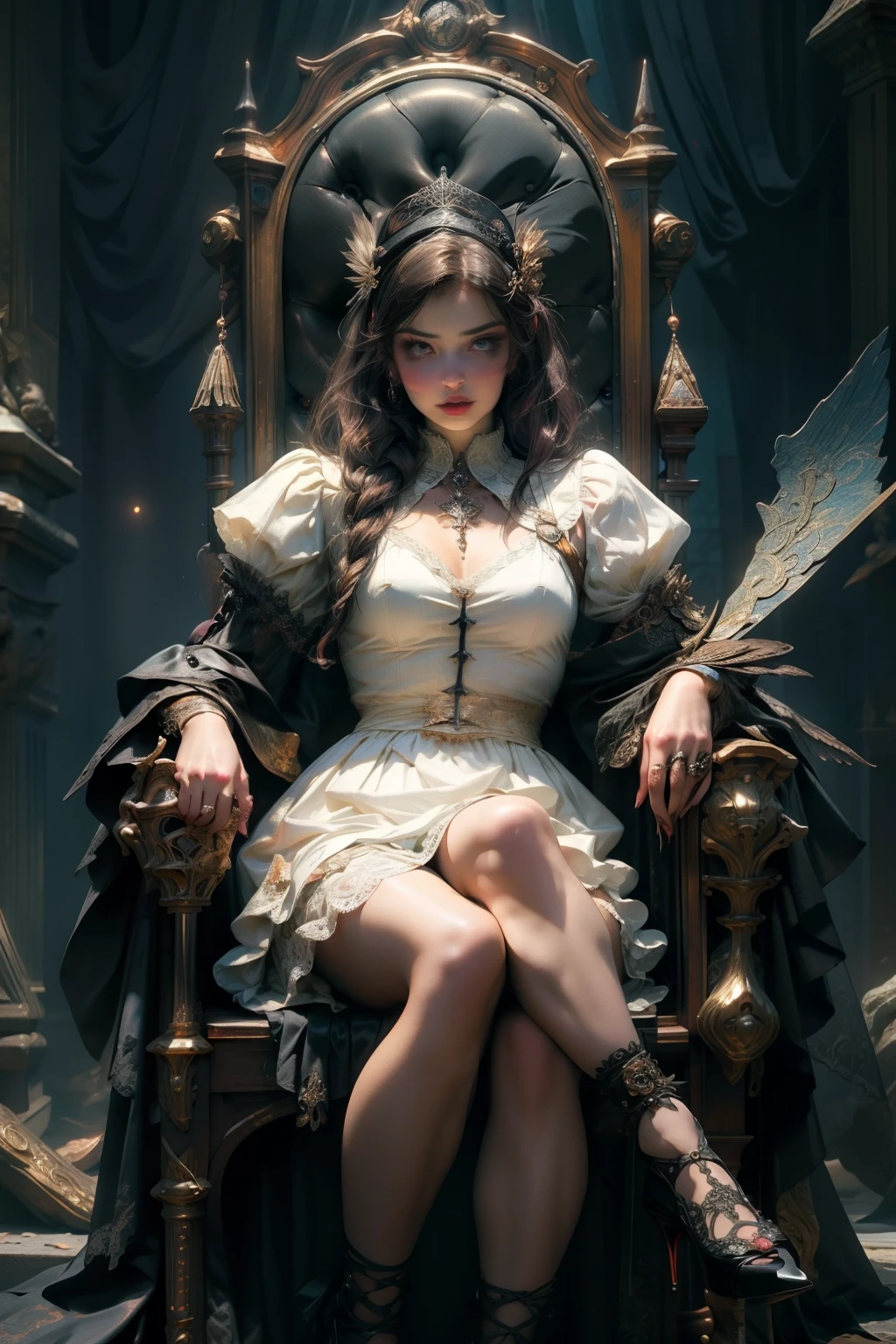 ((best quality)), ((masterpiece)), (detailed), an empty vacant throne, grand in scale and intricacy, blurring the lines between throne and shrine, Bloodborne inspired, occult aesthetic, occult, detailed and intricate steampunk and detailed gothic, NSFW, Very dramatic and cinematic lighting, cosmic horror, grim-dark, side-lighting, perfect face, a beaituful goddess valkyrie enshrined in armour, Bloodborne inspired valkyrie, occult aesthetic valkyrie, occult valkyrie, detailed and intricate steampunk and detailed gothic valkyrie, Fluttering lace flared long knee length dress with frilly petticoats, long dress, knee length dress, pleated petticoats, ta dress, petticoats gothic loliside-lighting, NSFW, gothic lolita, tiful small breasts, full body, whole body, body