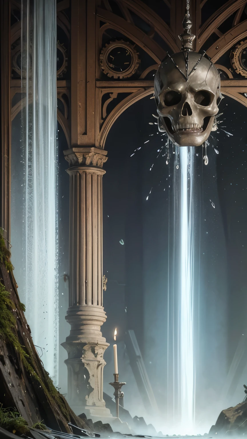(Best picture quality, 4K, 8K, High resolution, Masterpiece: 1.2), ultra detailed, realistic: 1.37, a close-up of the head of a metal skull, an altar composed of abstract twisted roots pulling a very large (mysterious skull made of metal), glowing eyes, a spooky waterfall above the skull, (rainbow, rainbow around the skull), full of energy, circular composition illustrates the effects of various structural forces, alone, (steampunk decorative elements, gear, and other elements). Pointers, chainantastic decorative combinations,