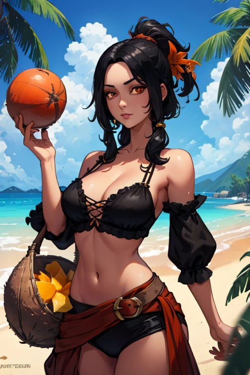 black haired woman with orange eyes and a figure in a pirate outfit is holding a coconut on a tropical island