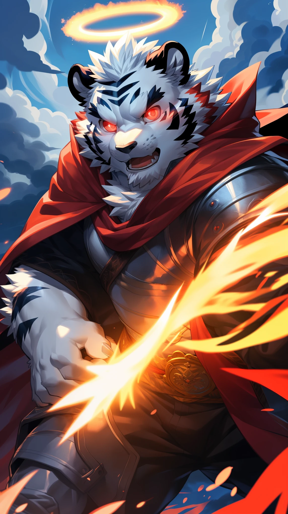 (Dynamic poses:1.6), (ultra deTailed), Clear focus, Niji, Eye contact, (glowing red eyes:1.4), hairy, (White fur:1.3), White beard, anthropology (Tiger), male, middle aged, White belly, Tail, muscular, (knight clothing, Cherry red long cape), ultra deTailed face, high deTails, high quality, (best quality, 4k, 8K, High resolution, masterpiece:1.2), Bright colors, (close up:1.5), author:Takemoto Arashi, By Camille, From milkytiger1145, by 69panda, Dark Souls boss style, Energy explodes around the body, (Red Halo:1.3), Bloodstained, Dynamic Lighting, Ominous atmosphere, Eerie fog, The existence of threats, Full of horror atmosphere, Dark and Tortured Souls, (enchanted deTail of colors), 8K wallpaper, yang08K, Looking at the audience with fierce eyes