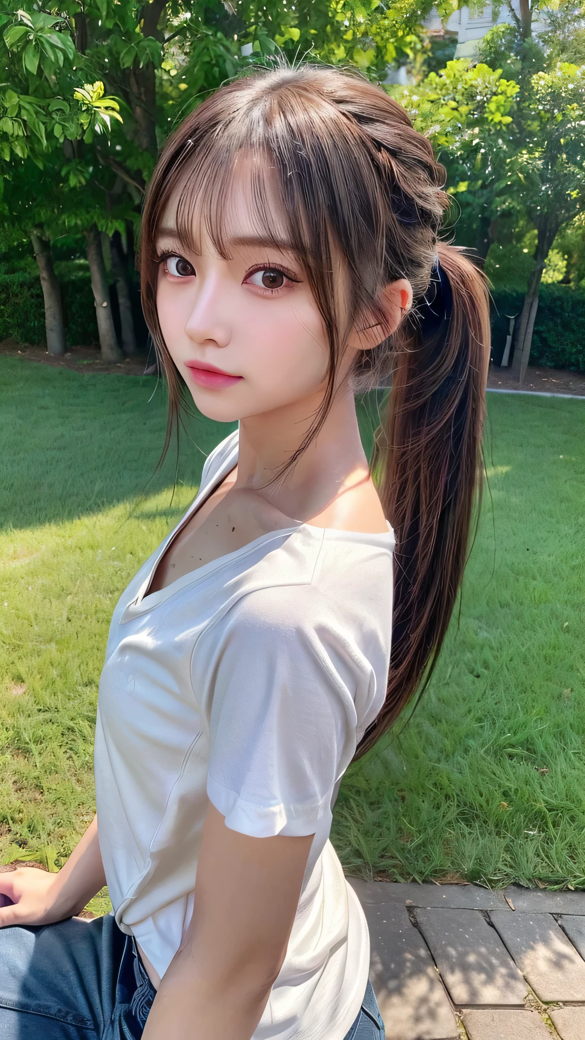 Black underwear shows through the white T-shirt,jeans,outdoors,Urban Park,On the lawn,Outdoor,Close-up of face,Outdoor,Blushing,Facing forward,,Long hair ponytail,((8K, Raw photo, Best Quality, Mastepiece:1.2), (Realism, Photorealistic:1.4), (Highly detailed 8k wallpaper), Depth of written boundary, Cinematic Lighting, Soft Light, Detailed Beauty Eye,Shiny and smooth light brown ponytail, Asymmetrical bangs, Shiny skin, Ultra-detailed skins ,It is high resolution., High detail, Detailed hairstyle, Detailed facial beauty, Hyper-realistic, Perfect limbs, Perfect Anatomy ,1 Japanese girl,Famous Japanese Idols, Perfect female body,A shy smile,Short eyelashes,Double-edged eyelids,Look straight here,Hair style: ponytail,