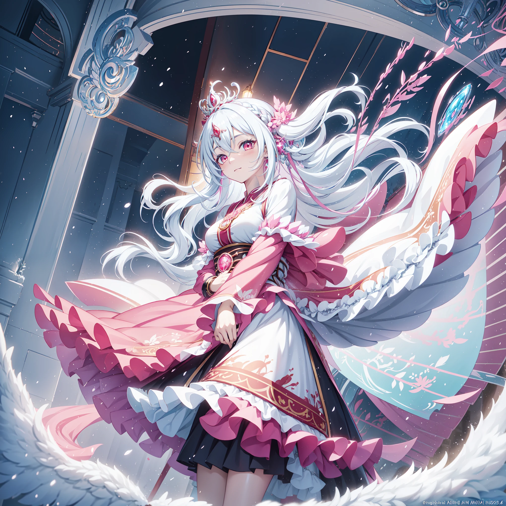 Anime girl with long black hair and pink dress in the snow, White-haired god, Hair floating in the air, Anime fantasy illustration, Flowing white hair, Beautiful young human, Beautiful fantasy anime, Shiny and flowing hair, Ethereal Anime, Beautiful anime artwork, Beautiful digital artwork, Anime Fantasy Artwork, ((Beautiful fantasy princess)), 2. 5 d cgi Anime Fantasy Artwork