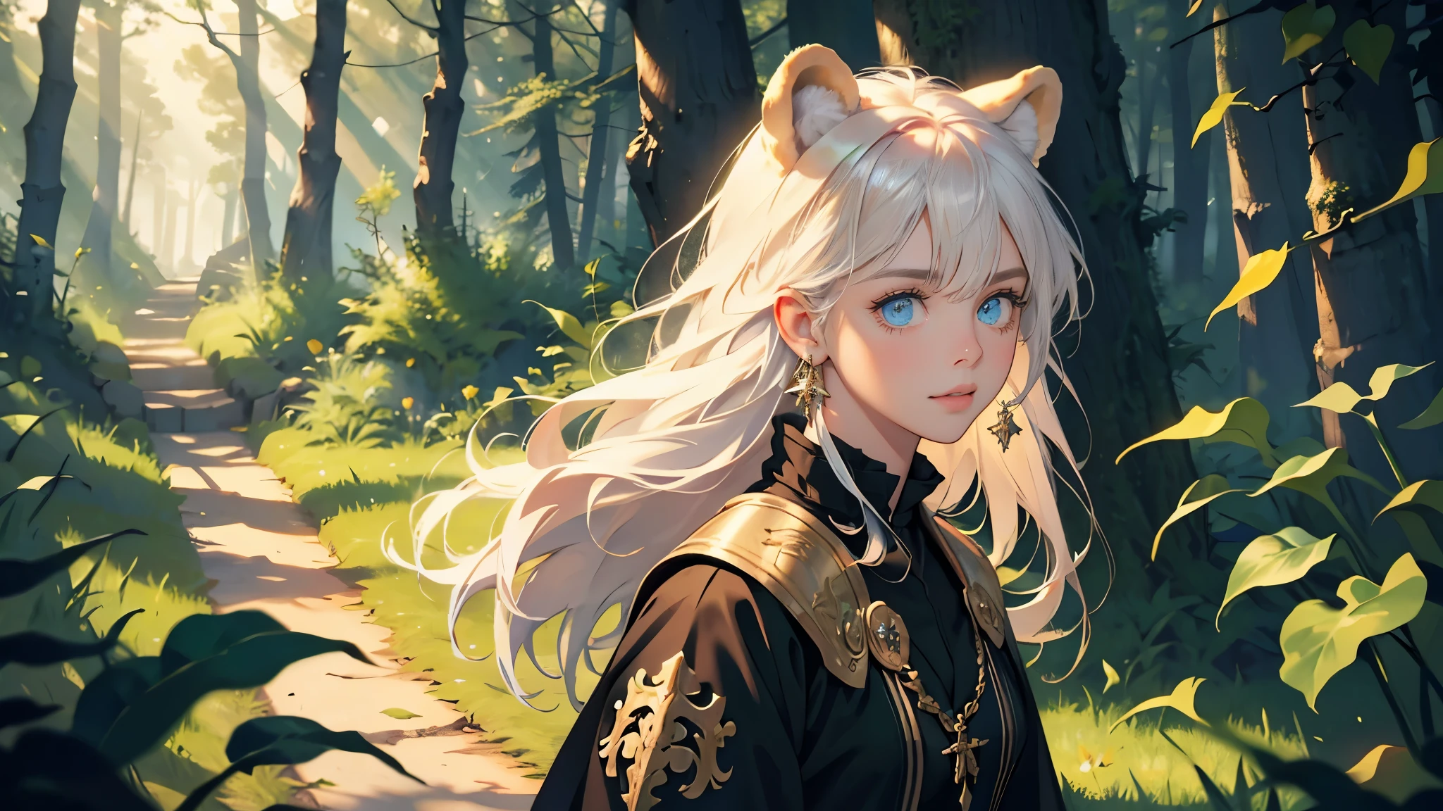 masterpiece, ultra detailed, 8K Portrait, Raw photo, a portrait photo of girl, Highly detailed face, beautiful and meticulous eyes, ((Fantasy)), little bear, animal, Midday Sun, Hyper realistic, in a medieval forest, Ambient lighting, Shadow details , strong breeze, Light fog