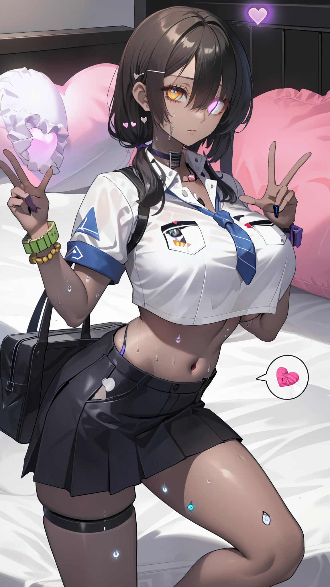 (Safety Sensor、approved、sound、Browsing Safety:1.8), masterpiece、masterpiece、highest quality、highest quality、Perfect human body、Accurate the human body、Lighting to suit the mood、Accurate、Elaborate、Every detail of the face, Absolutely safe、Small oval face、Black Hair、Beautiful Girlfriend、Dark Skin, Woman with dark skin, Side Ponytail, hair ornaments, Hair Clip, White shirt, Bra visible through clothes, Chest pocket, Black choker, Blue tie, Purple scrunchie, bracelet,Latex Blue Pleated Skirt, Thigh straps, fluorescent lip gloss、Simple Background, whole body, Detailed Background, Leaning forward, alone, Big cleavage、(Super big boobs、An eye is a heart:1.3、Heart Pupil Contact Lenses Eye:1.3, Glowing oil skin:1.5, Sweat,vapor:1.5)、(Dim lighting:1.5, night:1.5, Love hotels in Japan :1.5、Realistic Background、Realistic:1.5, Lots of spoken words:1.5、Heart Emotion:1.5,Double Peace、Mature adult woman、On the bed、