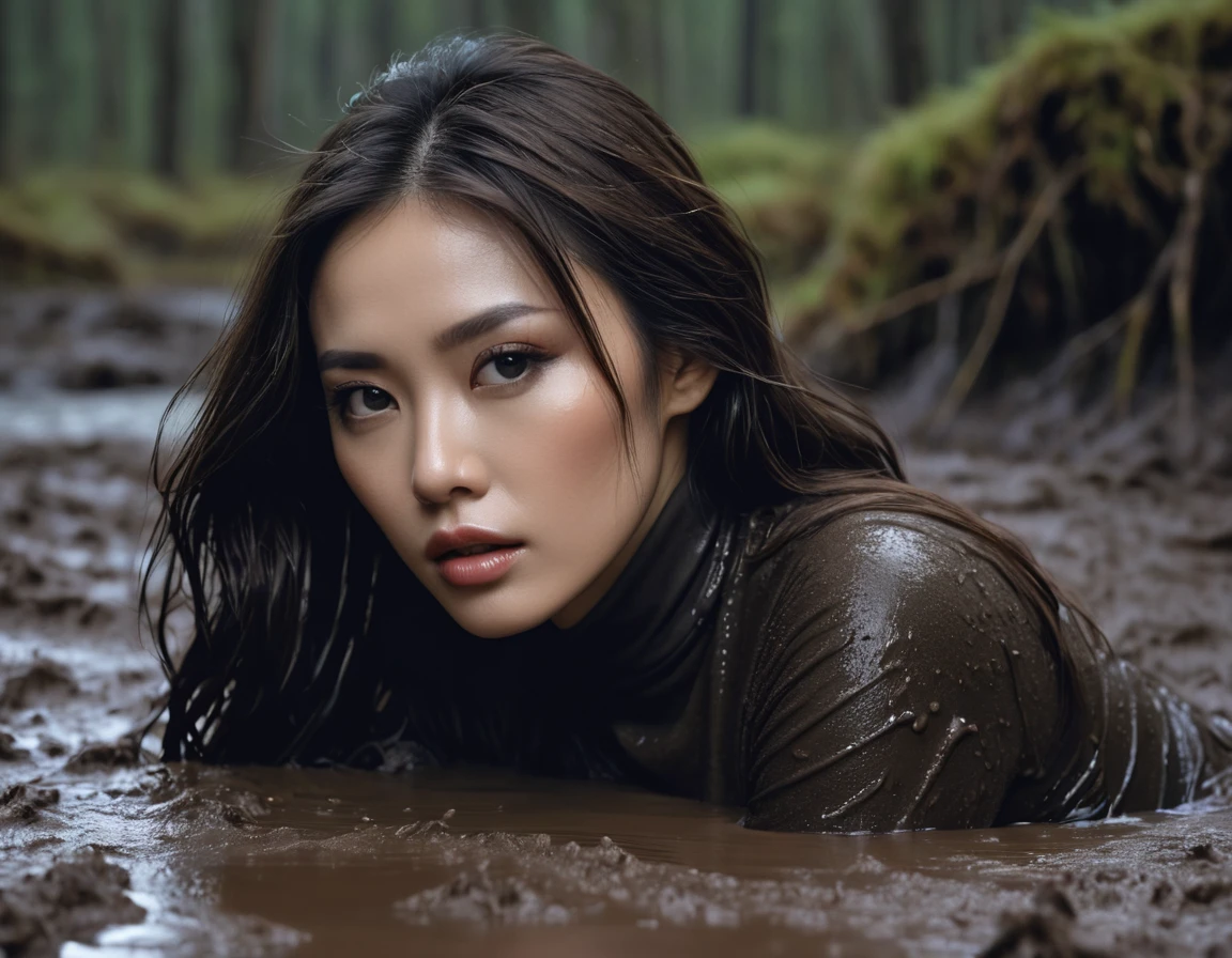 8k, ultra-detailed, grainy film photo, masterpiece,muted colors, muffled light, dark dusk:1.1, rainy, moody:1.1, dark noir:1.2, brown sweat turtleneck:1.3, swallowed by mud,  looking towards,woman drowning in forest mud bog, beautiful long brunette hair, depraved,asian:0.5fetishistic makeup,beige, brown, red, from side view