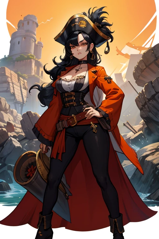black haired woman with orange eyes and a figure in a pirate outfit is standing on a pile of treasure in a cave