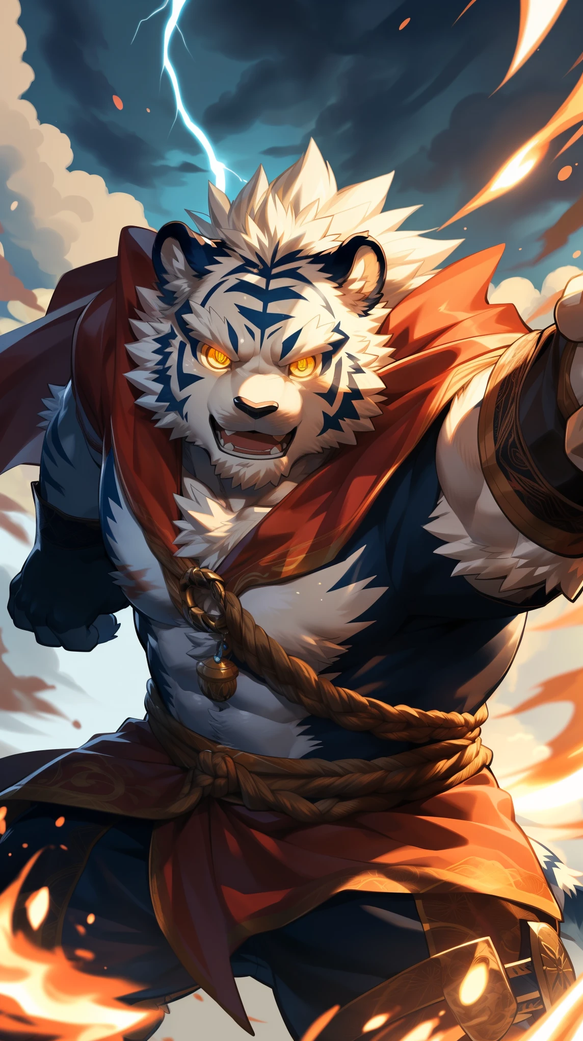 (Dynamic poses:1.6), (ultra deTailed), Clear focus, Niji, Eye contact, (glowing golden pupils:1.4), hairy, (Light fur:1.3), White beard, anthropology (Tiger), male, middle aged, White belly, Tail, muscular, (knight clothing, Cherry red long cape), ultra deTailed face, high deTails, high quality, (best quality, 4k, 8K, High resolution, masterpiece:1.2), Bright colors, (close up:1.5), author:Takemoto Arashi, By Camille, From milkytiger1145, by 69panda, Dark Souls boss style, Energy explodes around the body, (Golden Halo:1.3), Bloodstained, Dynamic Lighting, Ominous atmosphere, Eerie fog, The existence of threats, Full of horror atmosphere, Dark and Tortured Souls, (enchanted deTail of colors), 8K wallpaper, yang08K, Looking at the audience with fierce eyes
