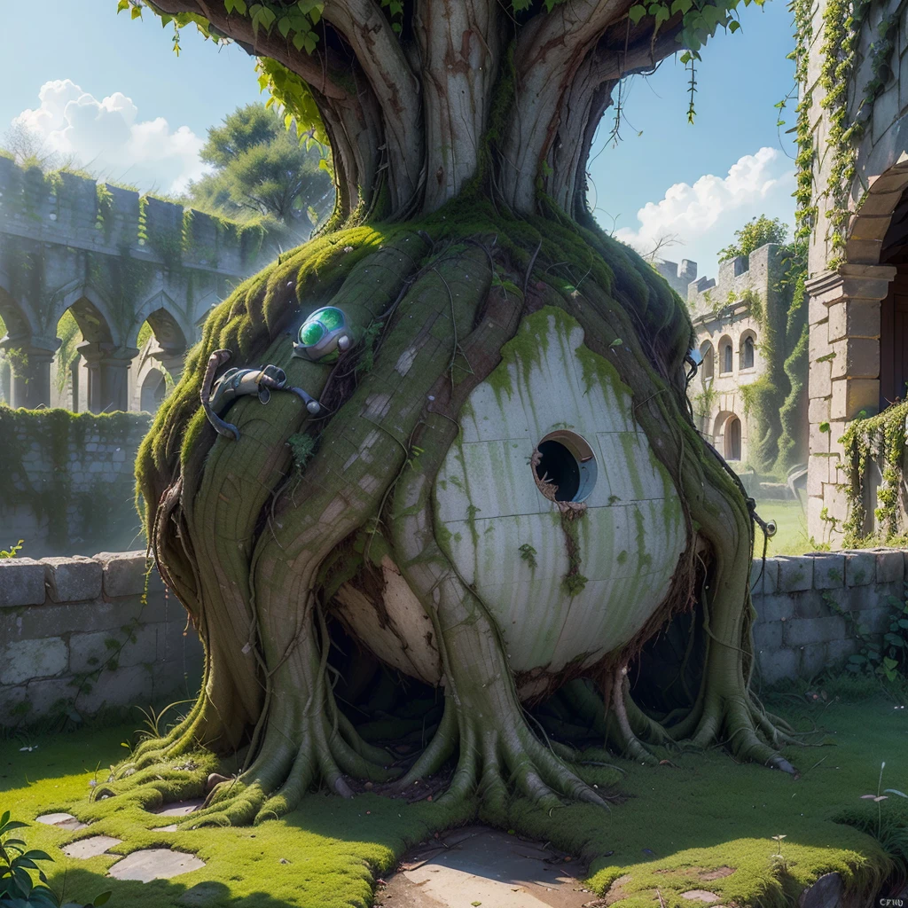 (Numerous award-winning masterpieces, with incredible detail, textures and maximum detail), (hyper realistic:1.4), (realistic:1.3), (best quality real texture skin), ((((Half of the crashed and decaying giant spaceship is covered with moss, tree roots and plants, and part of the power source is still alive))), ((((A medieval European-style stone ruin city built as a parasite on the outer wall of a spaceship))), (((Full view))), (Stone town covered with moss and ivy), (Abandoned spaceships and stone towns returning to nature), (tree roots, ivy plants, beautiful plants crawling on exterior walls), (Eroded by clear water), (Partially collapsed buildings: 0.6)
