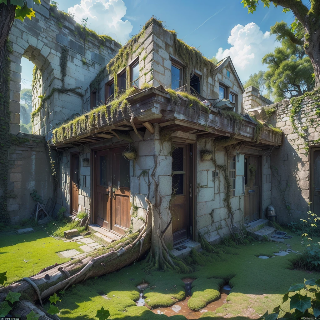 (Numerous award-winning masterpieces, with incredible detail, textures and maximum detail), (hyper realistic:1.4), (realistic:1.3), (best quality real texture skin), ((((Half of the crashed and decaying giant spaceship is covered with moss, tree roots and plants, and part of the power source is still alive))), ((((A medieval European-style stone ruin city built as a parasite on the outer wall of a spaceship))), (((Full view))), (Stone town covered with moss and ivy), (Abandoned spaceships and stone towns returning to nature), (tree roots, ivy plants, beautiful plants crawling on exterior walls), (Eroded by clear water), (Partially collapsed buildings: 0.6)