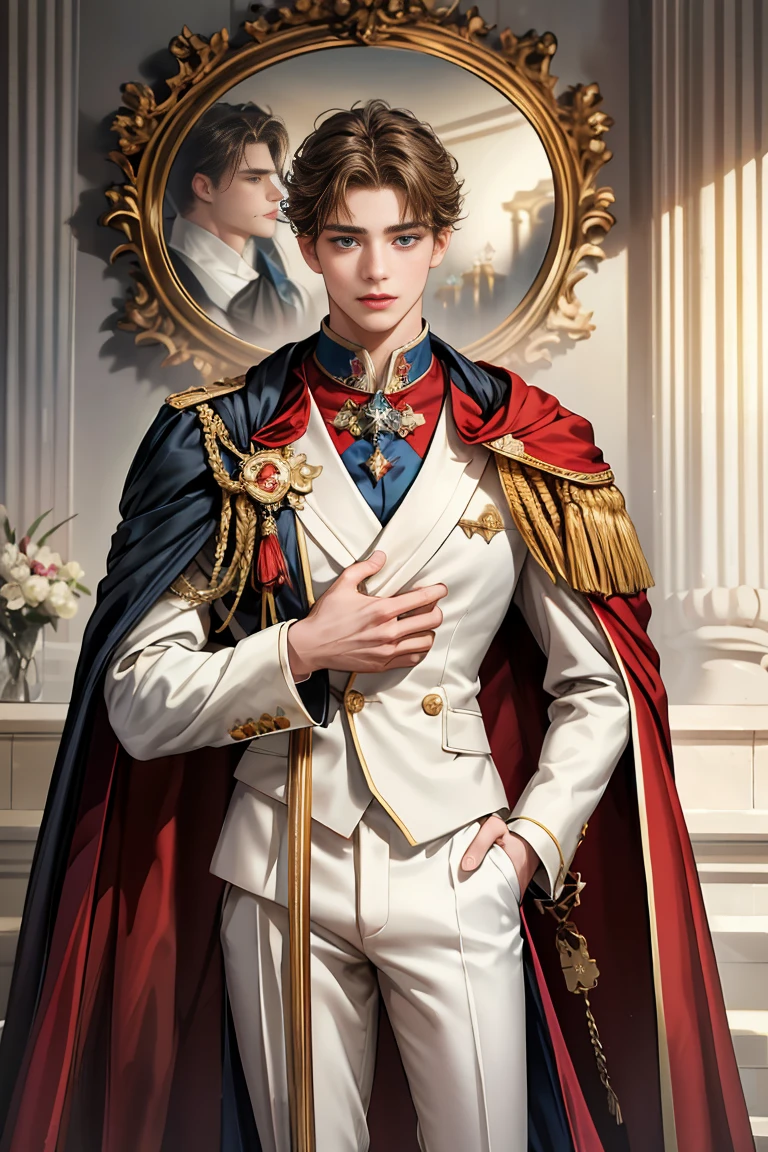 masterpiece, 最high quality, high quality, 1 boy, alone, Male focus, Watching the audience, Messy brown hair, Adorable big blue eyes, White, Noble, Noble, Beautiful tailcoat、A very voluminous, large, very large, very large, long, long red and black cape with a high stand-up collar, made of a lot of fabric that reaches down to the floor., 17 years old,Cute beautiful boys,Cute, cute, kind, handsome guy