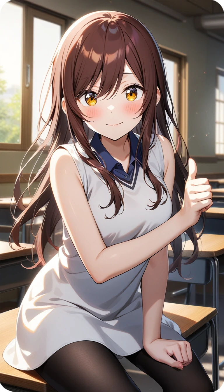1girl, osaki_amana, osaki_tenka, black hair, shiny_colors, blush, sleeveless, bare shoulder, warm glow, official art, half-closed_eyes, looking at viewer, medium breasts, from front view, complex_background, , thumbs-up, black , black pantyhose, white uniform, school, indoor, class room